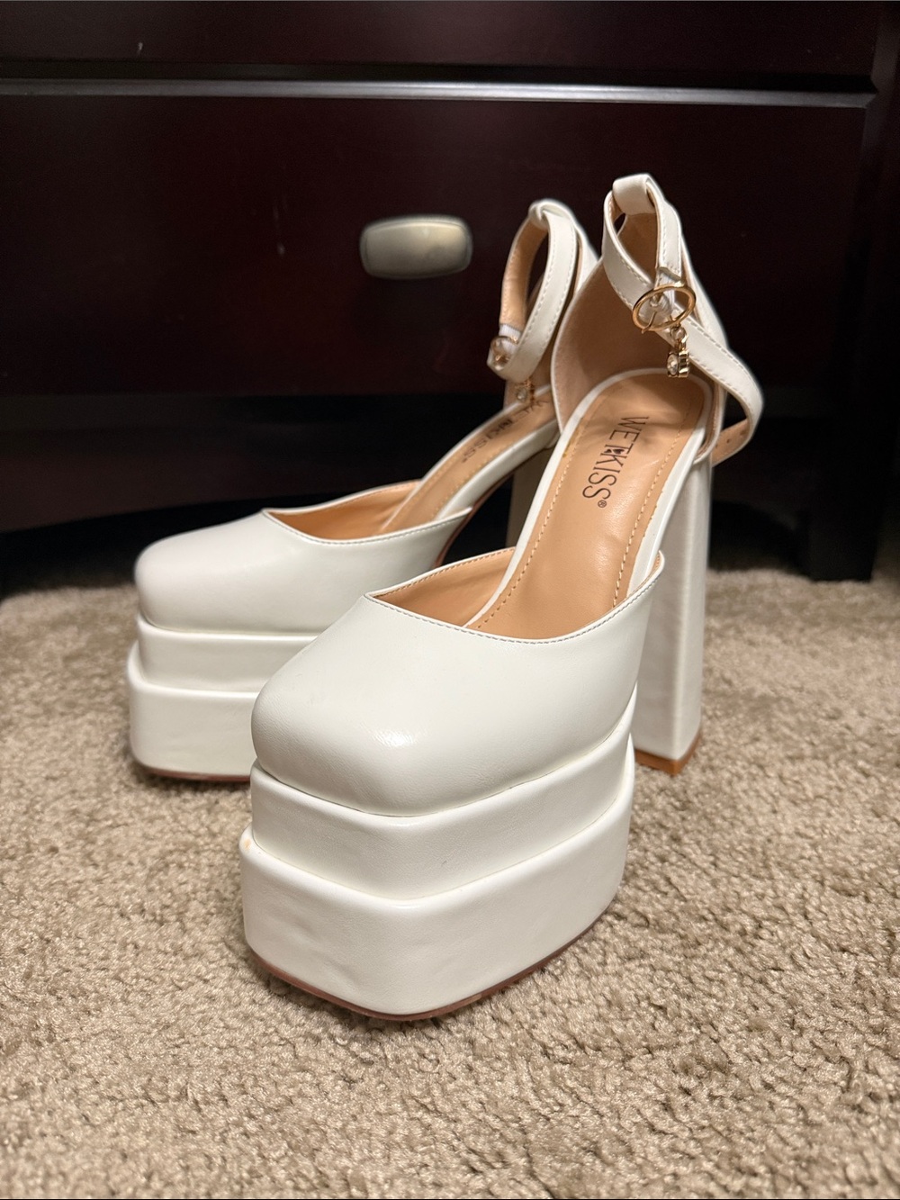 WetKiss White Triple-Stack Platform Ankle-Strap Heels
